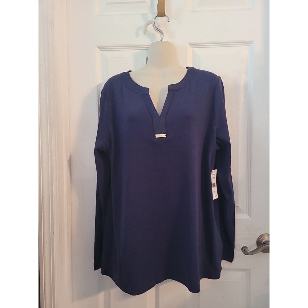 Rafaella Womens Pullover Top 1X Navy Blue V Neck Long Sleeved